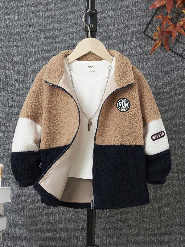 SHEIN Young Boy 1pc Colorblock Letter Patched Detail Zipper Front Teddy Coat