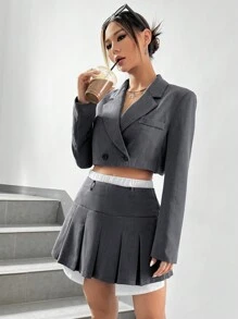 SHEIN EZwear Lapel Neck Crop Blazer & Pleated Skirt - Grey - View 3