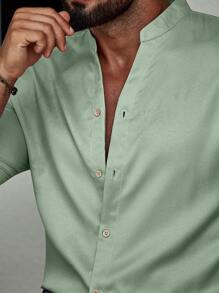 Manfinity Homme 男士纯色纽扣衬衫（不含T恤），适合秋季穿着，长袖上衣 - 薄荷綠 - 查看 8