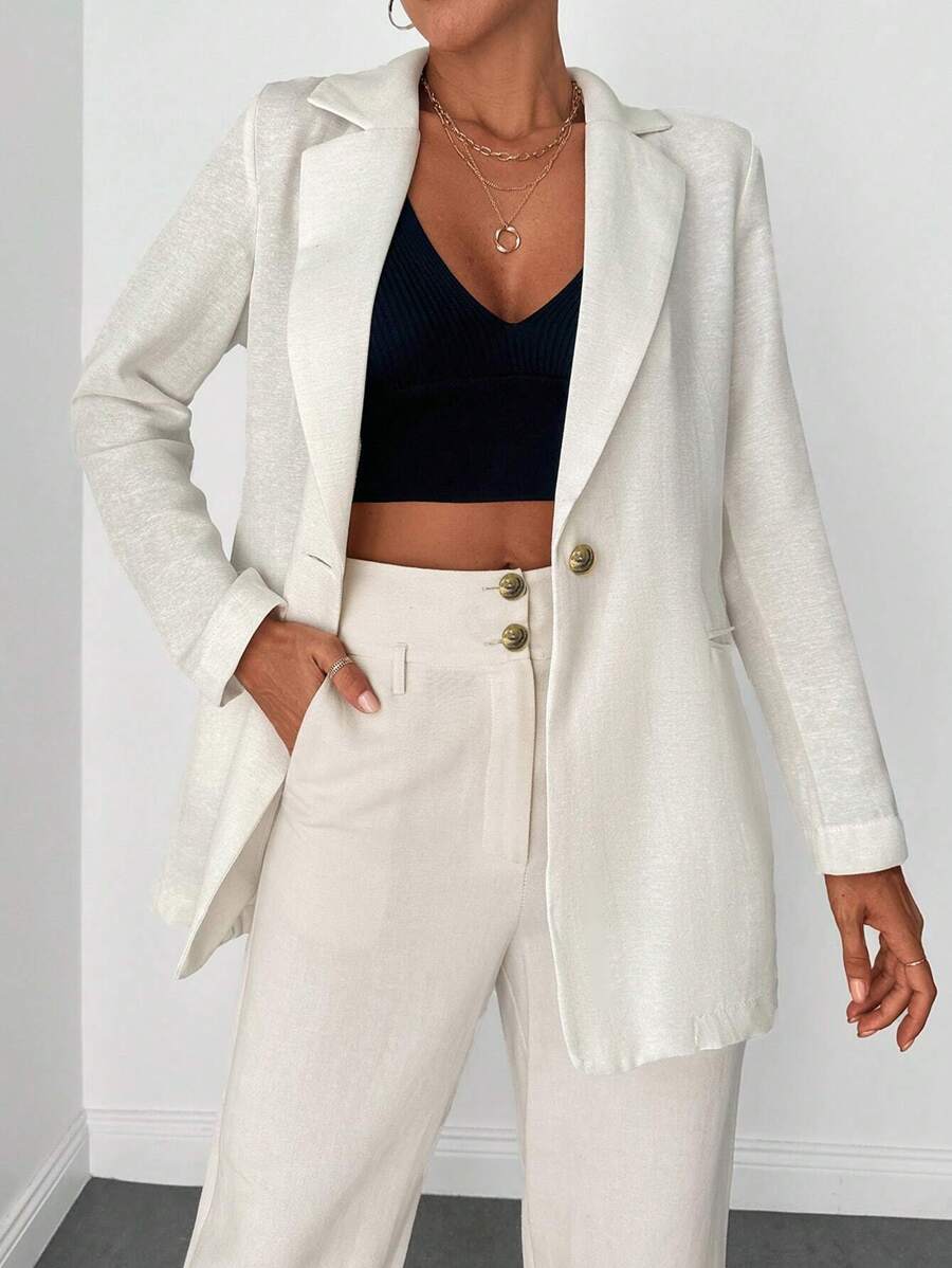 RueChic Lapel Neck Single Button Blazer - White - View 1