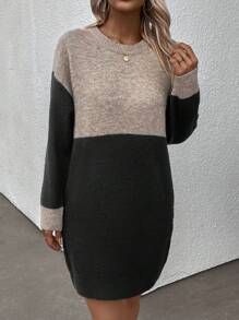 SHEIN LUNE 休閒口袋撞色女士毛衣連衣裙 - 黑色 - 查看 4