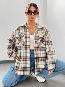 SHEIN EZwear Áo khoác có túi nắp trễ in họa tiết kẻ sọc - Nhiều màu - Xem 3