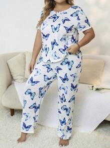 大碼滿版蝴蝶圖案睡衣套裝 - 白色 - 查看 6