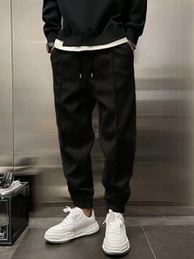RueChic Men Solid Slant Pocket Drawstring Waist Sweatpants - Black - View 3