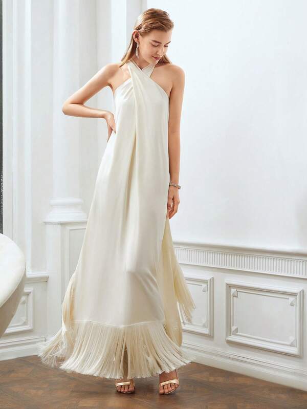 MOTF X Nour PREMIUM FRINGE HEM CROSS HALTER DRESS