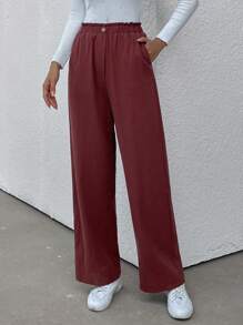 SHEIN LUNE Nếp gấp cao eo Túi nghiêng Quần - Cà phê nâu - Xem 5