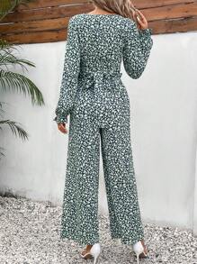 SHEIN Frenchy Ditsy Floral Print Top & Wide Leg Pants - Multicolor - View 2