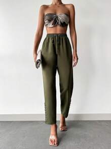 EURMUSE Solid Drawstring Waist Slant Pocket Pants - Army Green - View 1