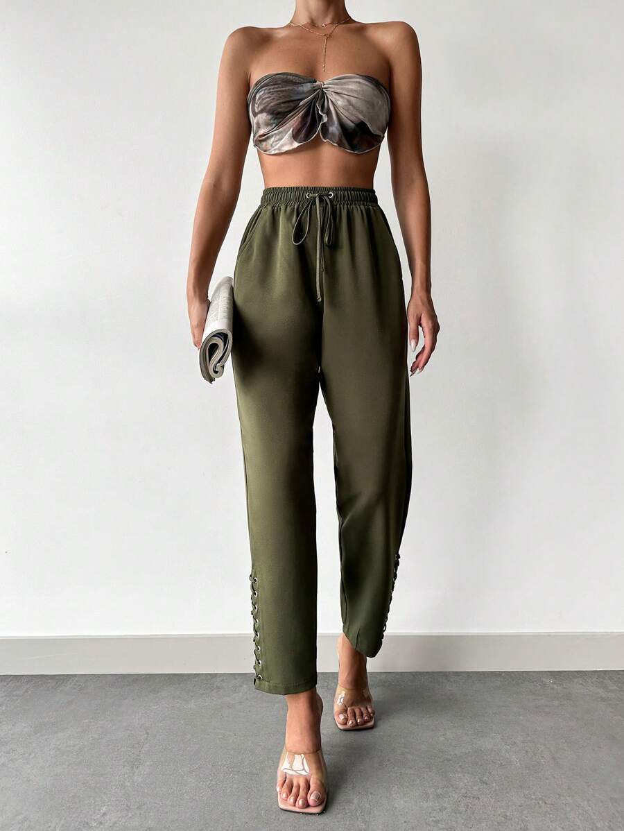 EURMUSE Solid Drawstring Waist Slant Pocket Pants - Army Green - View 1
