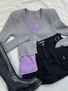 DAZY 拼色纽扣前开襟短款二合一开衫，秋季女装 - 灰色 - 查看 9