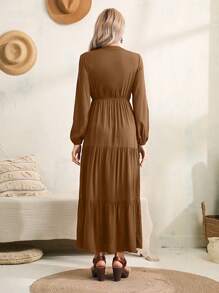 EMERY ROSE Fall Women Clothes Women's Casual All-Over Print Notched Neck Dress, Spring & Fall Fall Clothes Women - Brown - View 2