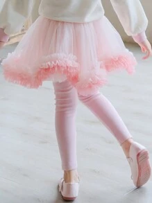 Young Girl Contrast Mesh Flare Trim 2 In 1 Pants - Pink - View 2