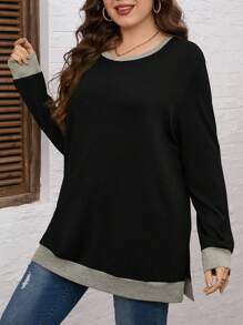 SHEIN LUNE Plus Contrast Trim Split Hem Sweatshirt - Black - View 5