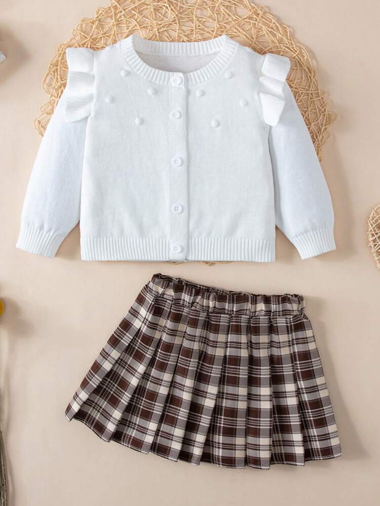 Baby Girl Ruffle Trim Cardigan & Plaid Pleated Skirt