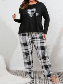 Plus Plaid & Heart Print PJ Set / Pajama Set, Fall Winter Clothes, Cozy Outfit