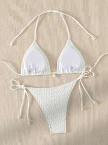 SHEIN Swim 夏季海灘露脐三角束頸綁帶比基尼套裝 - 白色 - 查看 2