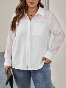 SHEIN LUNE Plus Solid Button Front Shirt - White - View 5