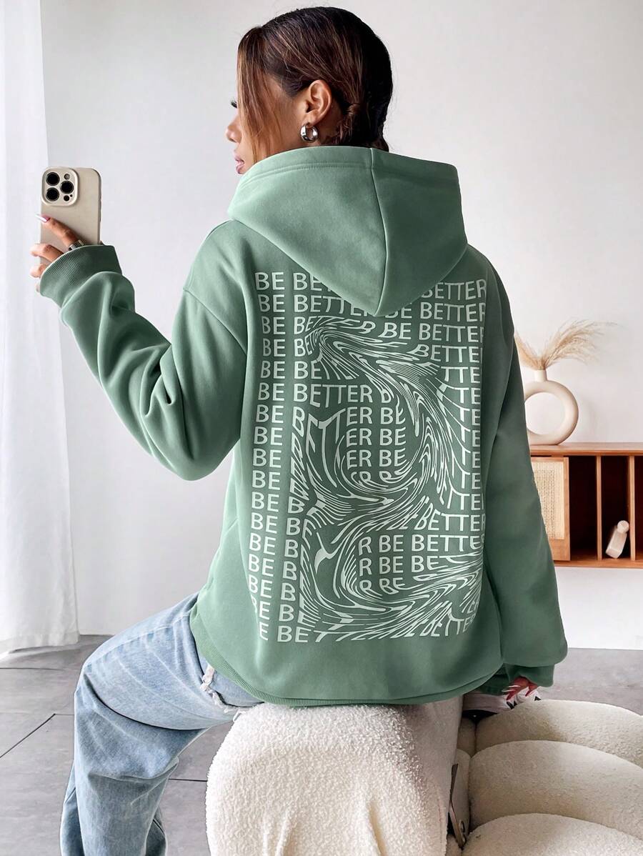 SHEIN Unity 字母圖案落肩袖連帽衫 - 綠色 - 查看 1