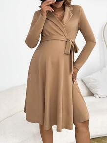 SHEIN Thai sản Cổ áo Nút ven Đầm - Màu Khaki - Xem 4