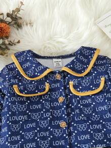 Baby Mädchen Buchstabe & Schleife Muster, Peter-Pan Kragen, Klappe Detail, Jacke & Rock - Blau - Übersicht 4