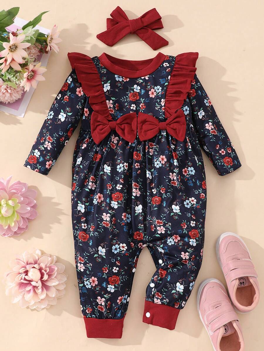 Bebé Jumpsuit con estampado floral ribete con fruncido con lazo delantero con diadema - Multicolor - Ver 1