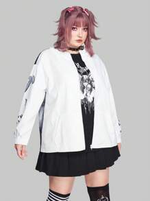 ROMWE Anime 大碼蝴蝶圖案拉鏈開襟落肩袖夾克 - 白色 - 查看 5