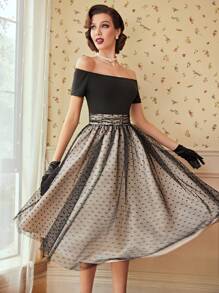 Vintamour Off Shoulder Dobby Mesh Flare Hem Dress - Black - View 6