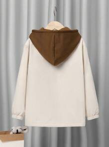 SHEIN Cậu bé Tween Lỏng lẻo phù hợp áo có mũ Khối màu Jacket thể thao - Màu be - Xem 2