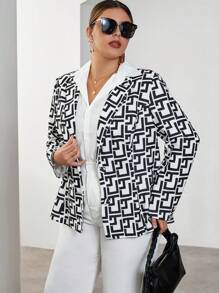 SHEIN Privé 大碼滿版印花單釦西裝外套 - 黑與白 - 查看 6