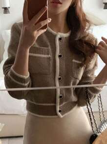 DAZY 女士休闲拼色装饰开衫，商务休闲，秋冬，长袖上衣，秋季女装夹克 - 棕色 - 查看 3