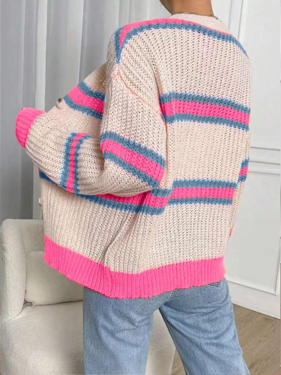 Striped Pattern Drop Shoulder Cardigan,Long Sleeve Tops Fall Winter Cloth For Women