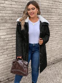SHEIN LUNE Plus Borg Collar Zipper Quilted Coat - Black - View 4