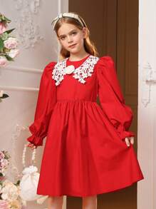 SHEIN 女大童凸花蕾絲貼花喇叭袖洋裝 - 紅色 - 查看 1