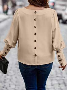 SHEIN Unity 大碼後紐扣羊腿袖襯衫 - 杏色 - 查看 5