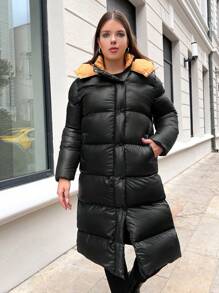 RueChic Plus Zip Up Snap Button Hooded Puffer Coat - Black - View 5