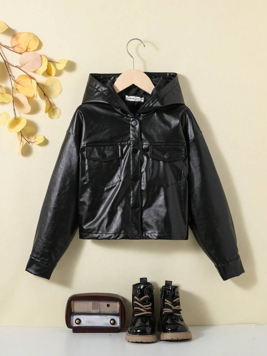 SHEIN Tween Girl Flap Pocket Hooded PU Leather Jacket - Black - View 1
