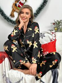 Christmas Gingerbread Man Print Contrast Piping Satin PJ Set, Fall Winter Clothes