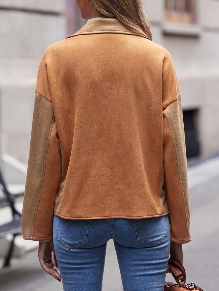 Color Block Drop Shoulder Zip Up Moto Jacket