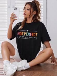 SHEIN EZwear 標語圖案落肩T恤 - 黑色 - 查看 6