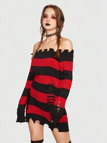 ROMWE Grunge Punk 條紋圖案一字肩破洞毛衣 - 彩色 - 查看 4