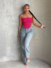 SHEIN SXY Lace Up Front Bandana Hem Tube Top - Hot Pink - View 5