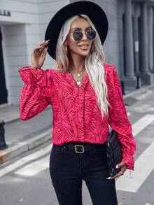 SHEIN LUNE 滿版印花荷葉袖襯衫 - 玫紅色 - 查看 3