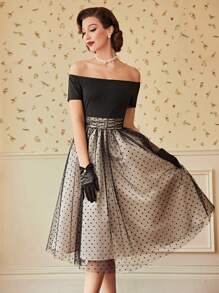 Vintamour Off Shoulder Dobby Mesh Flare Hem Dress - Black - View 5