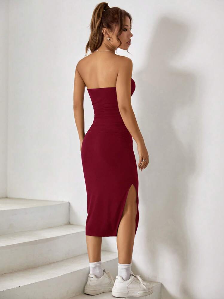 SHEIN EZwear 高衩抹胸緊身連衣裙 - 酒紅色 - 查看 2
