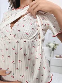 SHEIN Maternity Cherry Print Lettuce Trim Nursing Detail Tee & Shorts PJ Set / Pajama Set