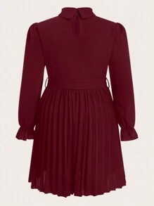 SHEIN MOD Plus Mock Neck Flare Sleeve Pleated Hem Belted Dress - Burgundy - View 2