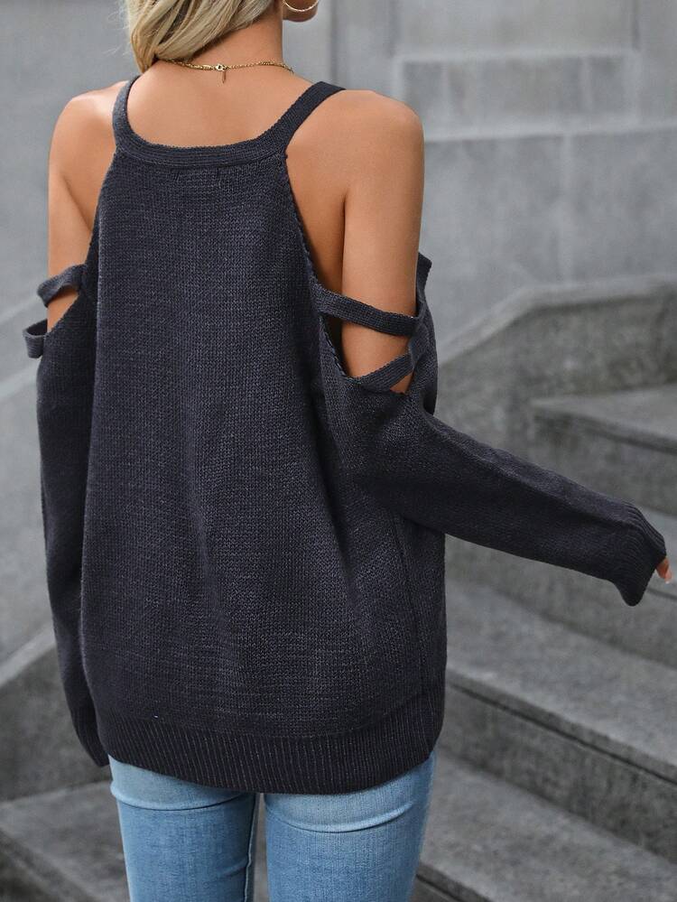 Heart Pattern Cold Shoulder Knit Pullover Fall Winter Sweater