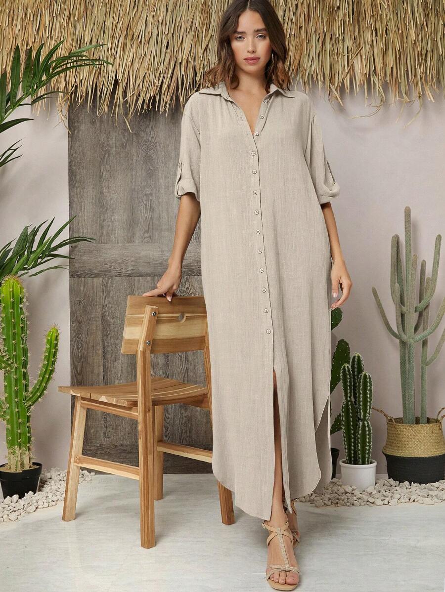 SHEIN LUNE 捲邊袖前紐扣襯衫洋裝 - 杏色 - 查看 1