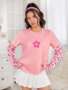 SHEIN EZwear Floral Print 2 In 1 Tee - Pink - View 3