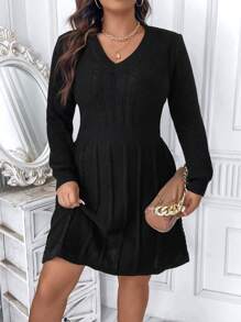 Calvaya Plus Solid Cable Knit V Neck Sweater Dress
